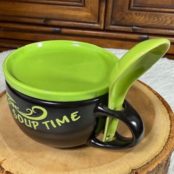 NWOT Soup Time Lime Green Black Soup Snack Tray Top Ceramic Mug with Spoon - Picture 4 of 12